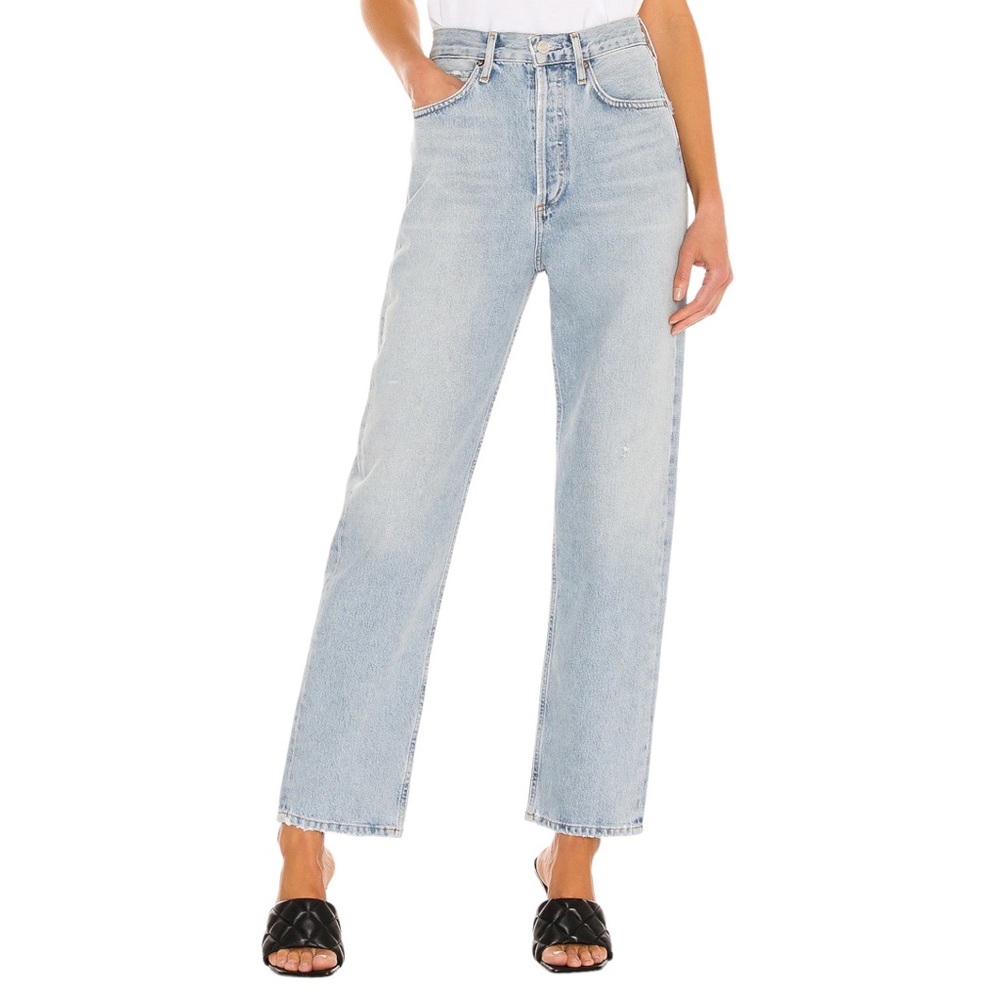 New Agolde 90s High Rise Loose Fit Light Wash Jeans in Semi Tropic Size 28